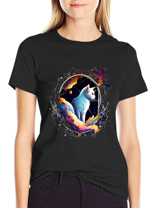 Cosmic Cat Black T-Shirt - Celestial Feline Design