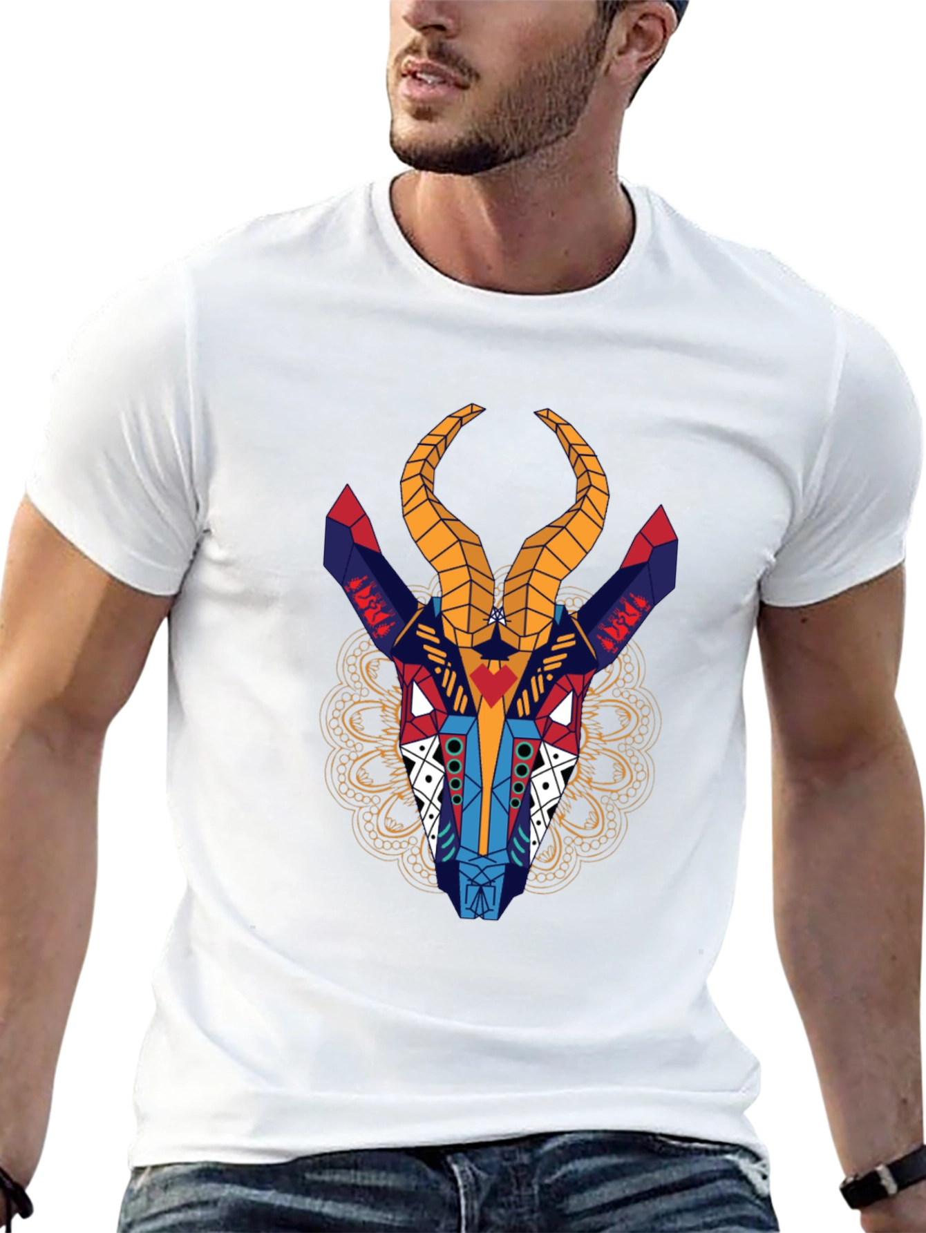 Geometric Gazelle Graphic Tee - Black Cotton Shirt