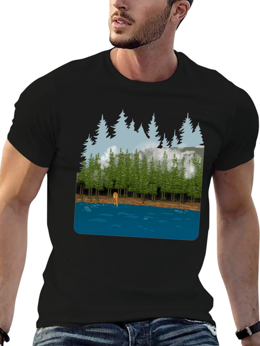Nature Scene Graphic Tee: Forest Deer & Lake Design