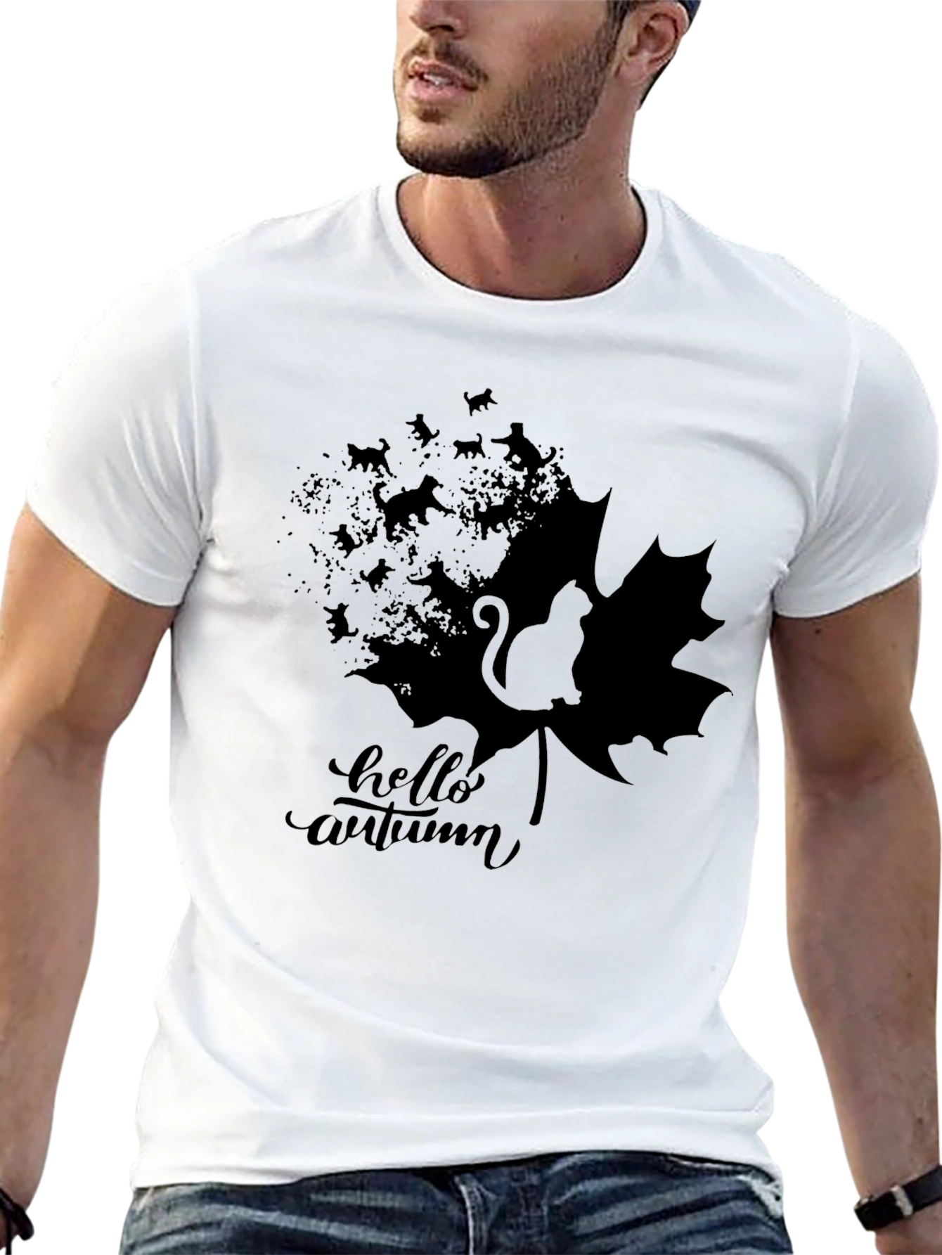 Hello Autumn Black Cat Graphic T-Shirt