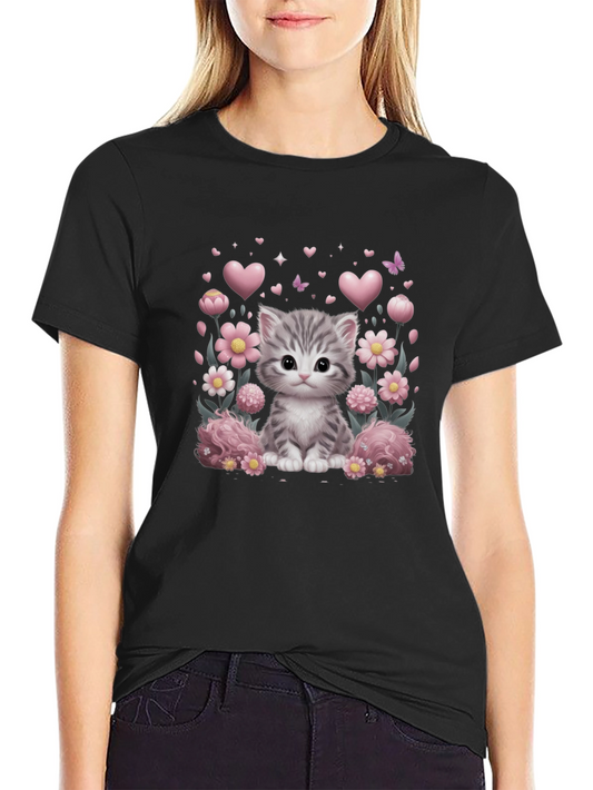 Cute Kitten Floral Heart T-Shirt