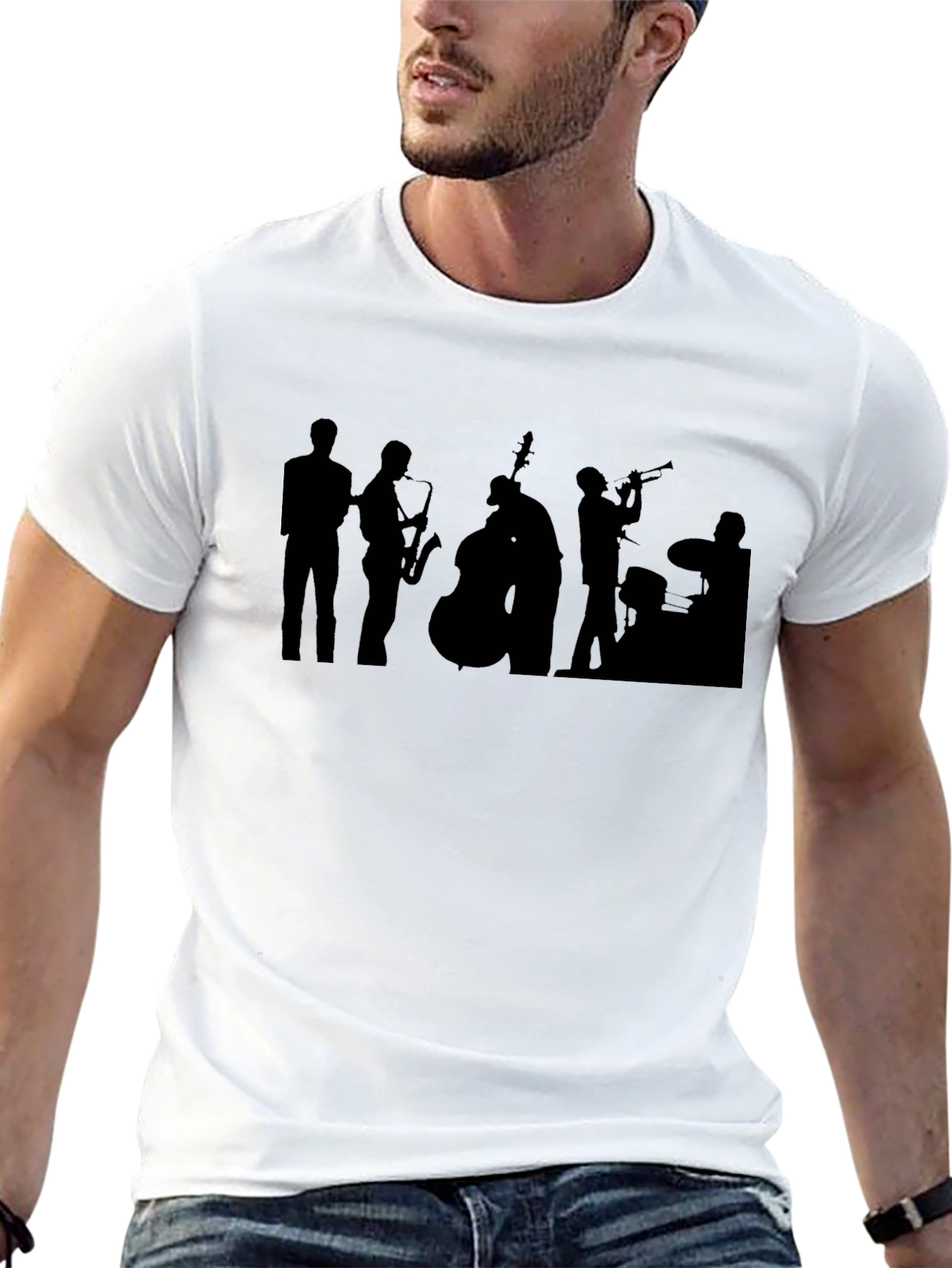 Jazz Band Silhouette Graphic Tee - Black Cotton