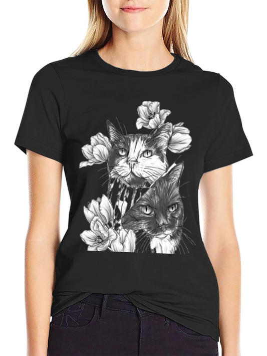 Floral Cat Print Black T-Shirt