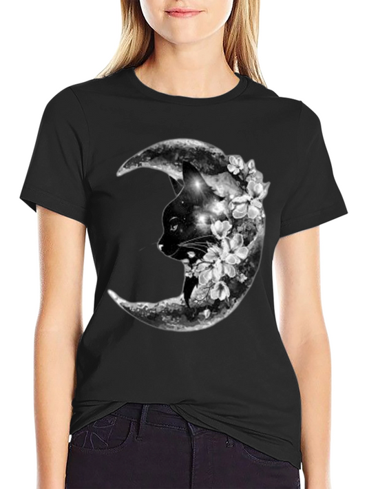 Cat Moon Floral Black T-Shirt