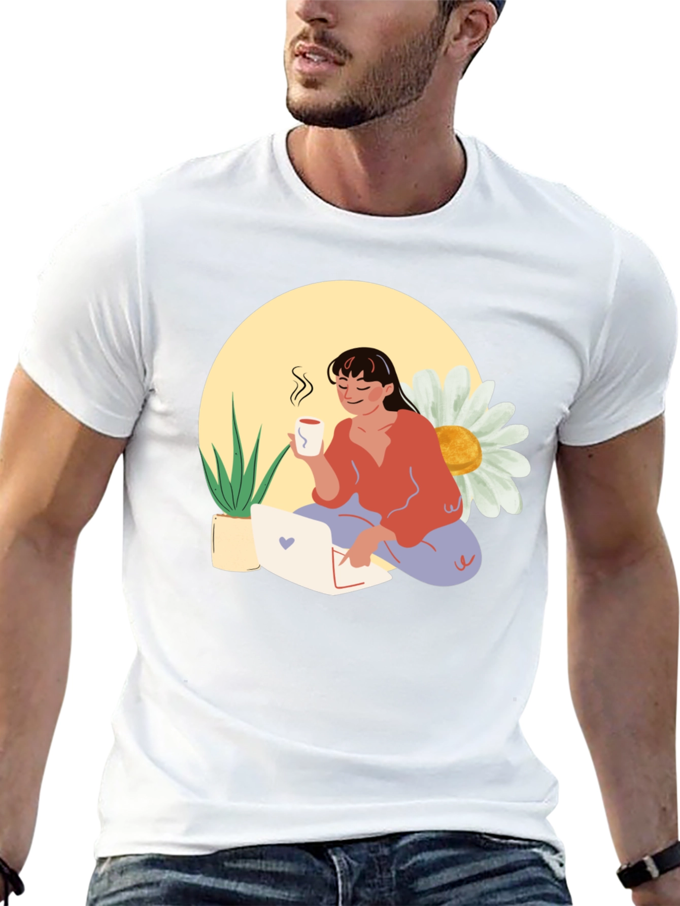 Woman with Coffee Graphic Tee - Black