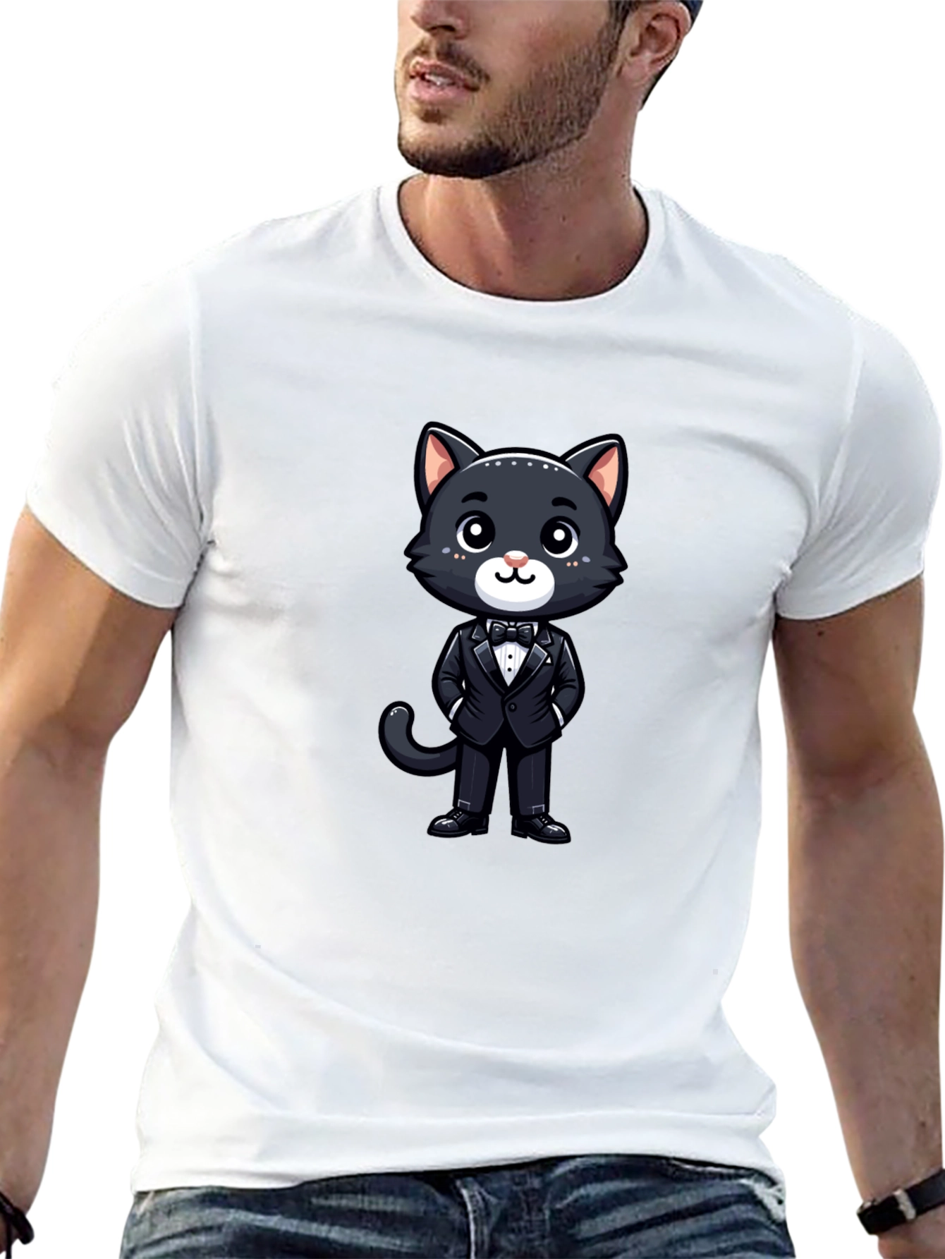 Cat in Tuxedo Graphic Tee - Black Cotton T-Shirt