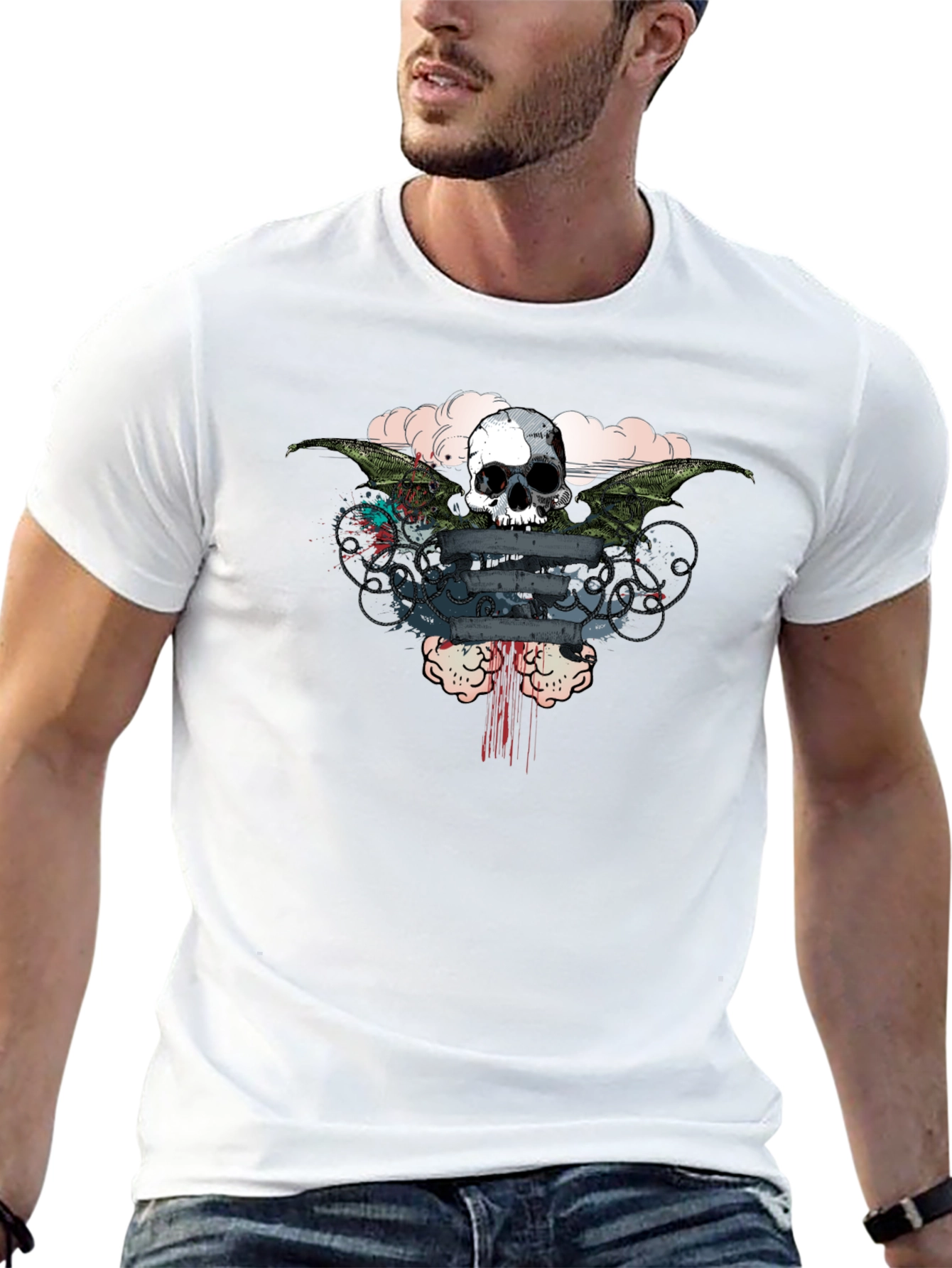Skull Wings Graphic Print Mens T-Shirt