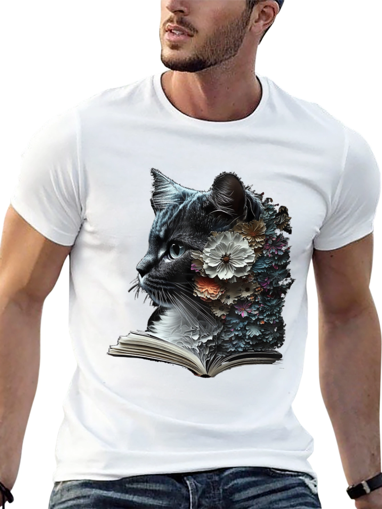 Floral Cat Reader Graphic T-Shirt