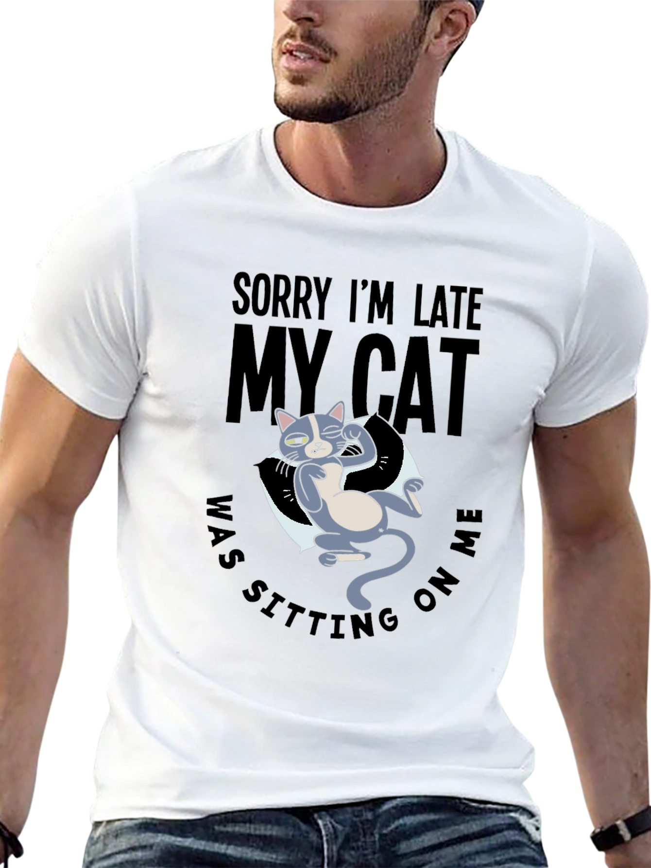 Funny Cat Graphic T-Shirt - Sorry Im Late