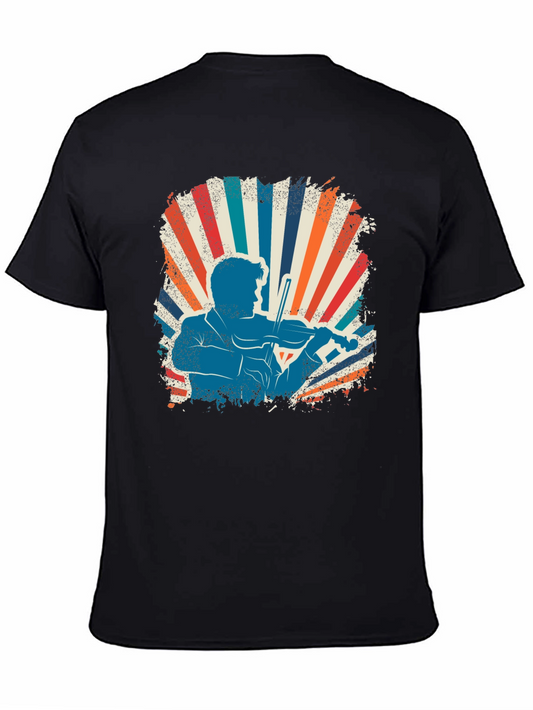 Retro Violinist Graphic Tee - Black Cotton Blend