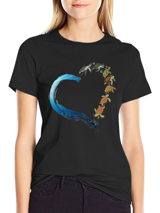 Turtle Heart Graphic Tee - Black Cotton T-Shirt