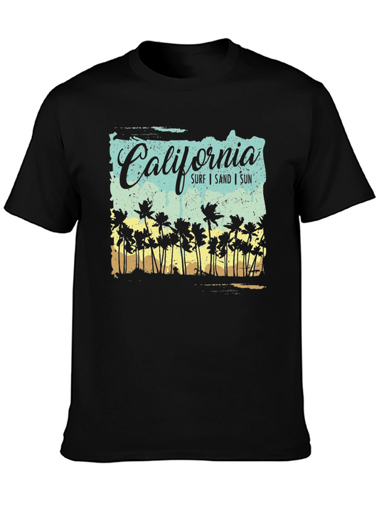 California Surf Sand Sun Palm Tree Black T-Shirt
