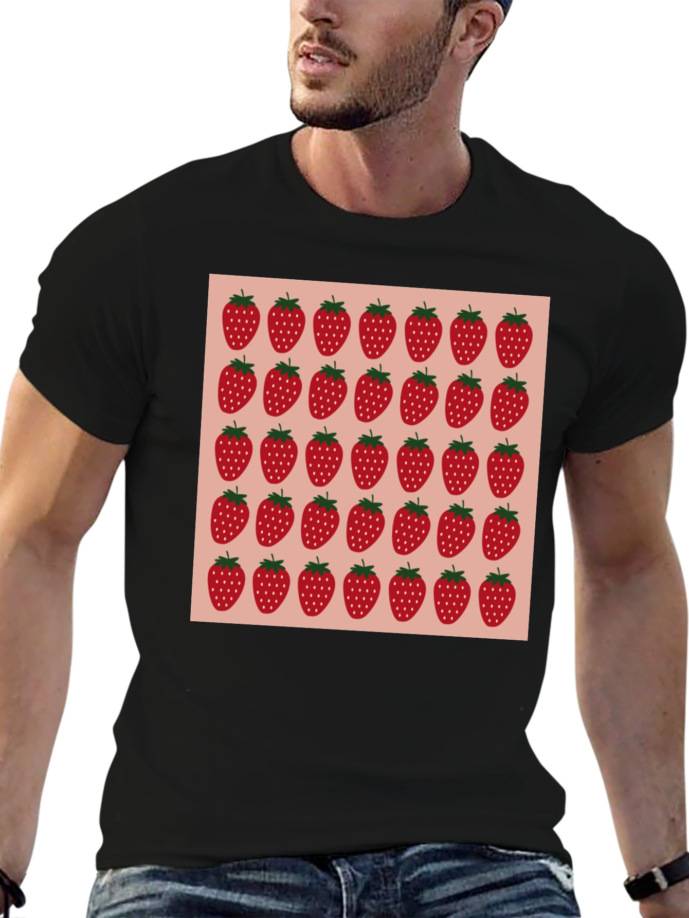 Strawberry Pattern Black T-Shirt