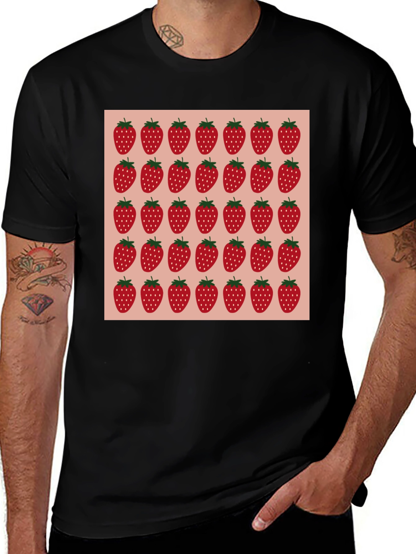 Strawberry Pattern Black T-Shirt