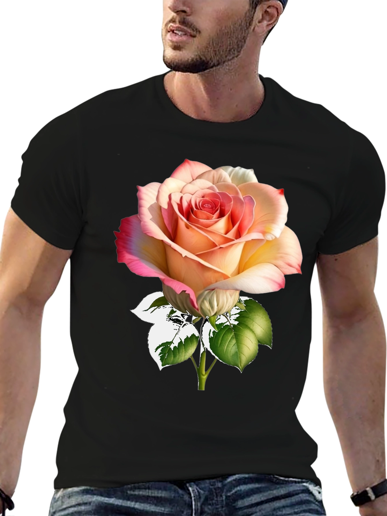 Rose Print Black T-Shirt