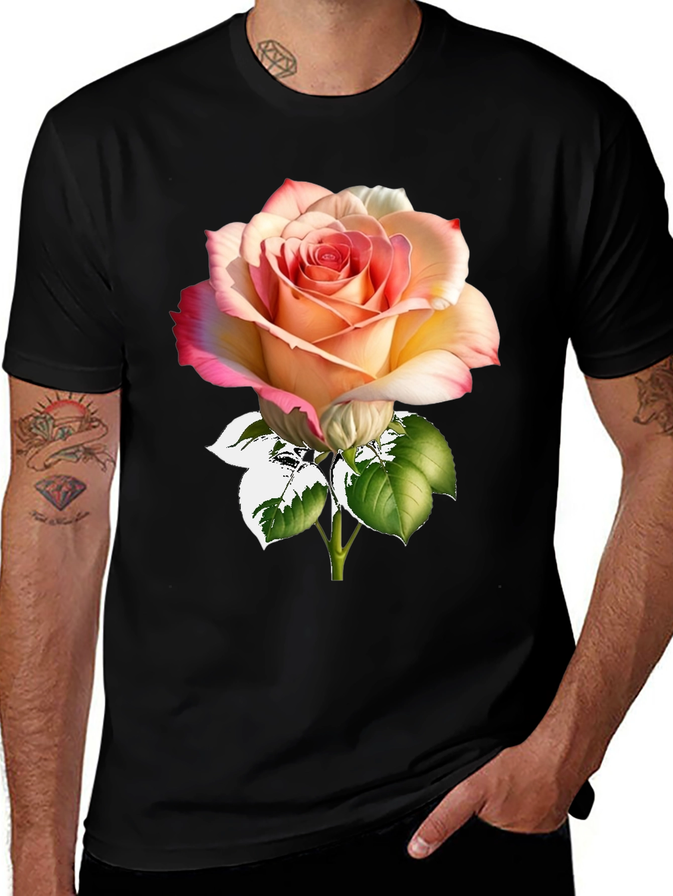 Rose Print Black T-Shirt