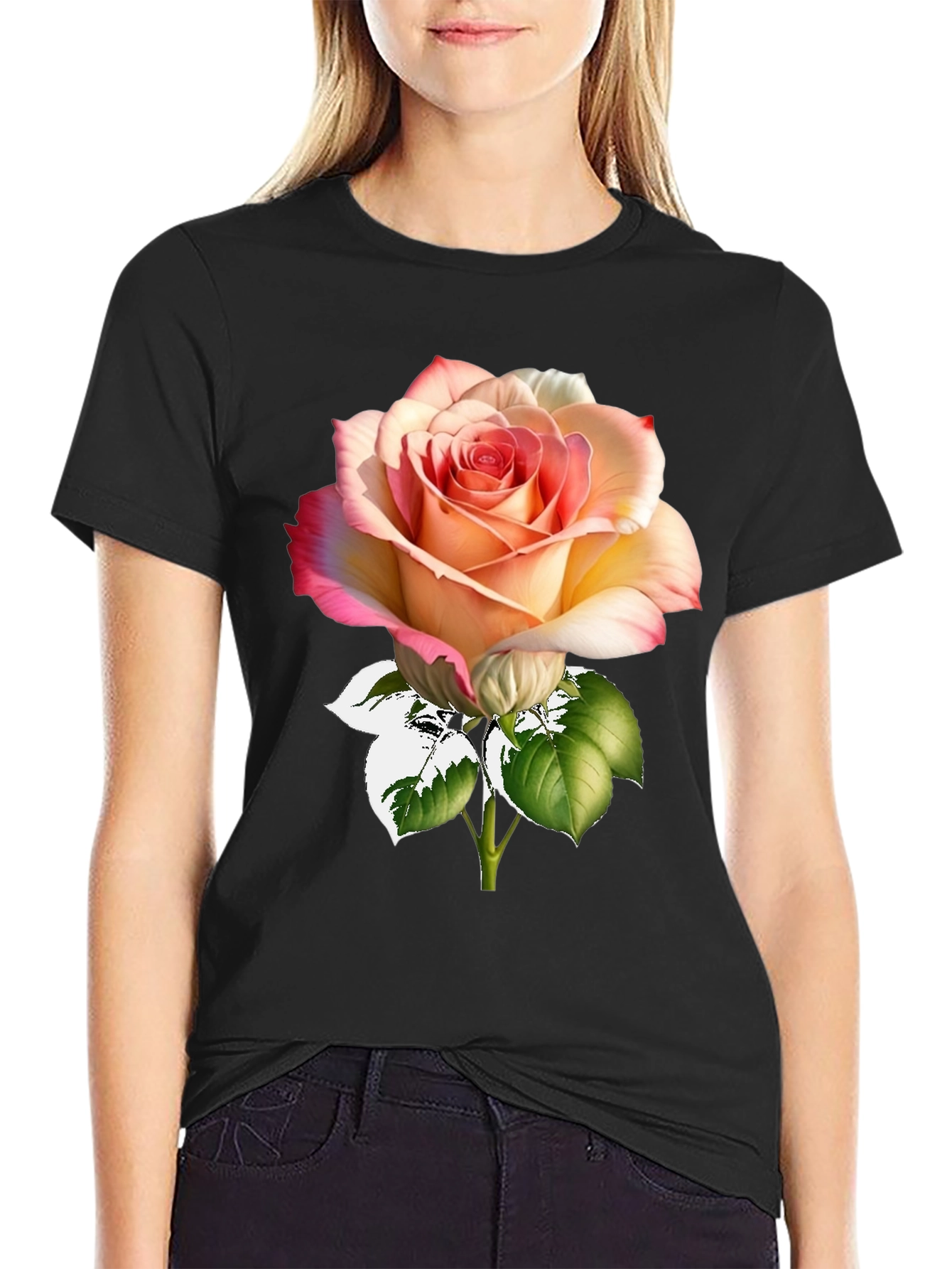 Rose Print Black T-Shirt