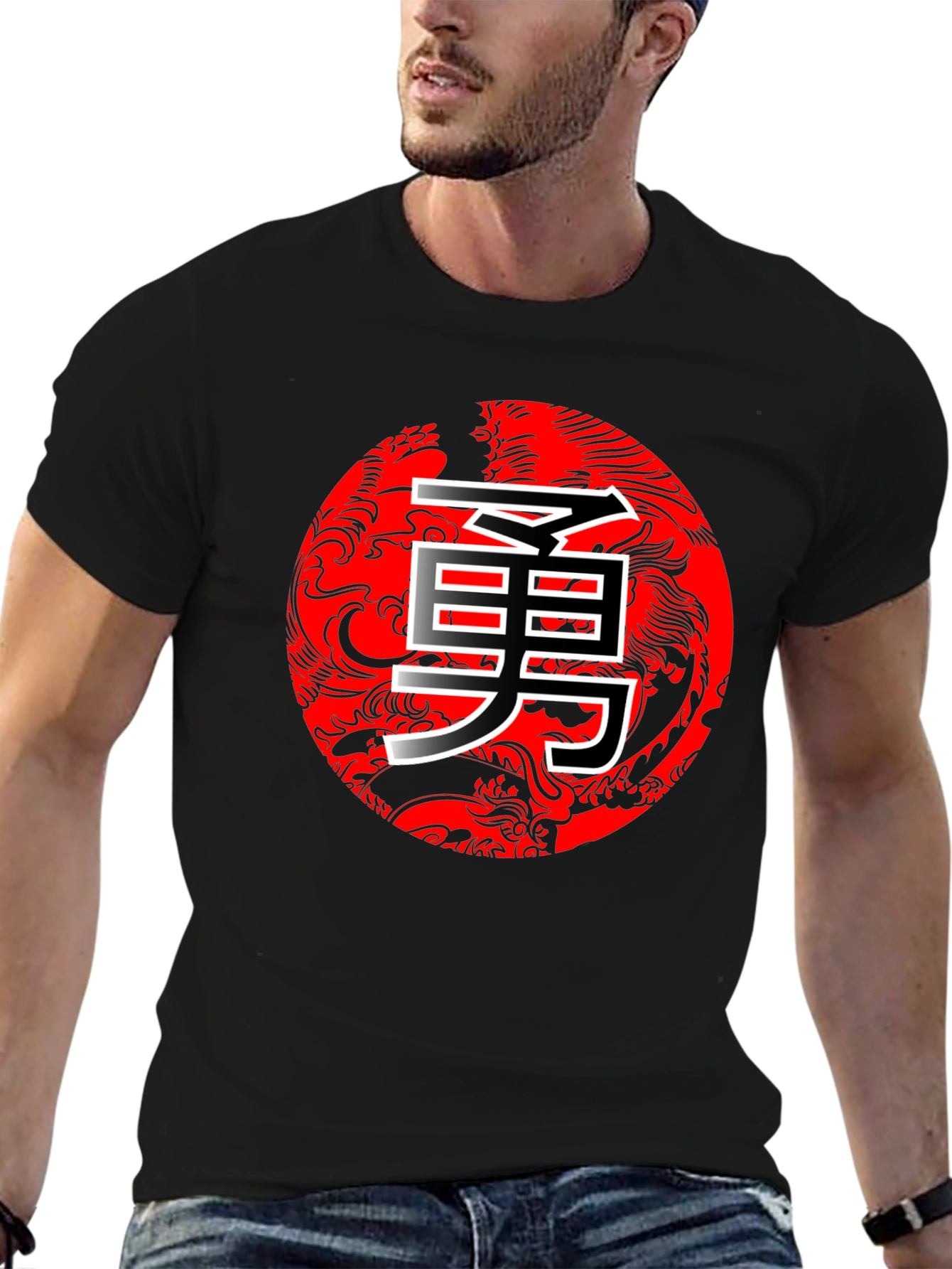 Bold Dragon Circle Kanji Graphic Black T-Shirt