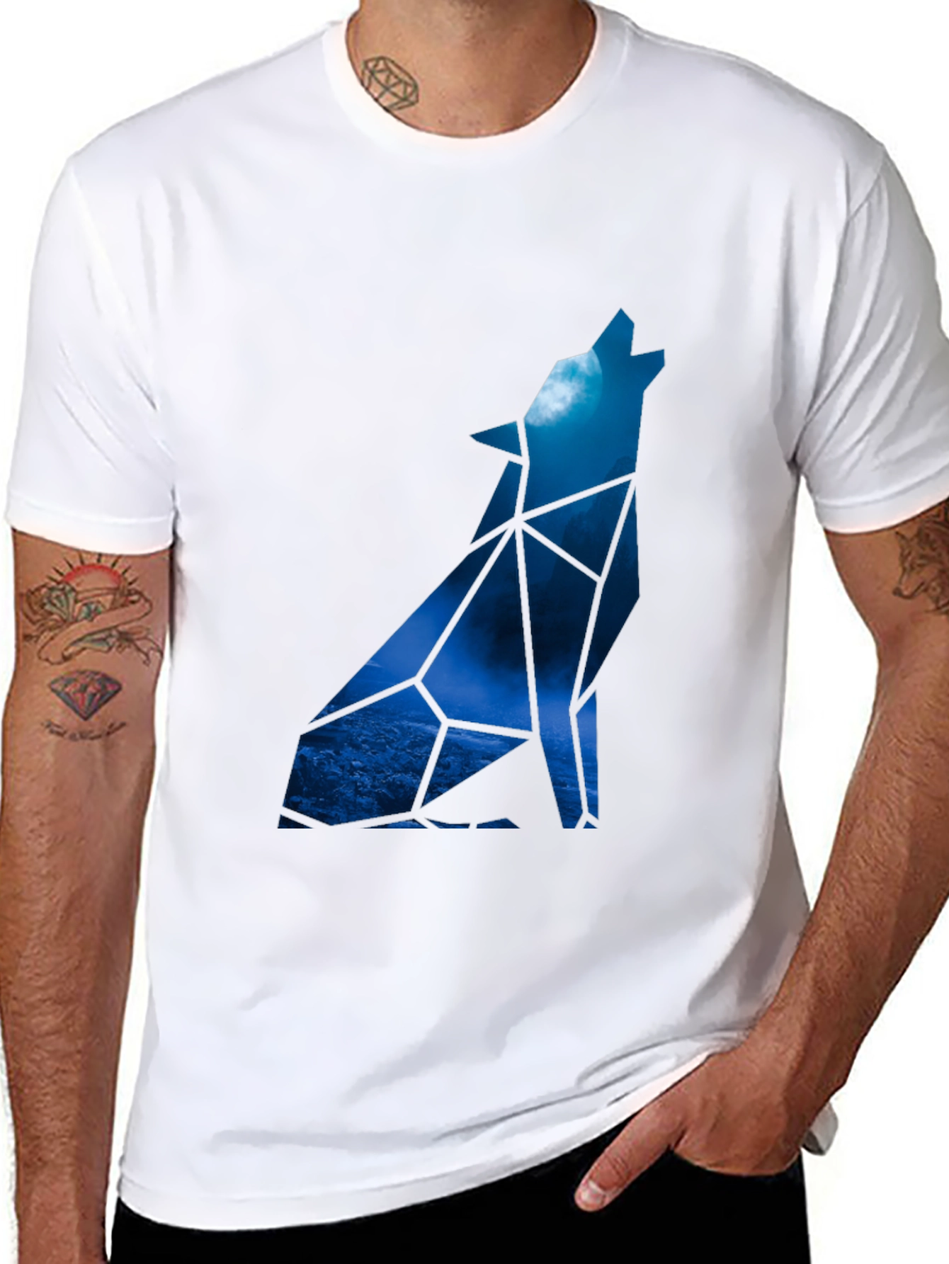 Geometric Wolf Howling at Moon Graphic Tee
