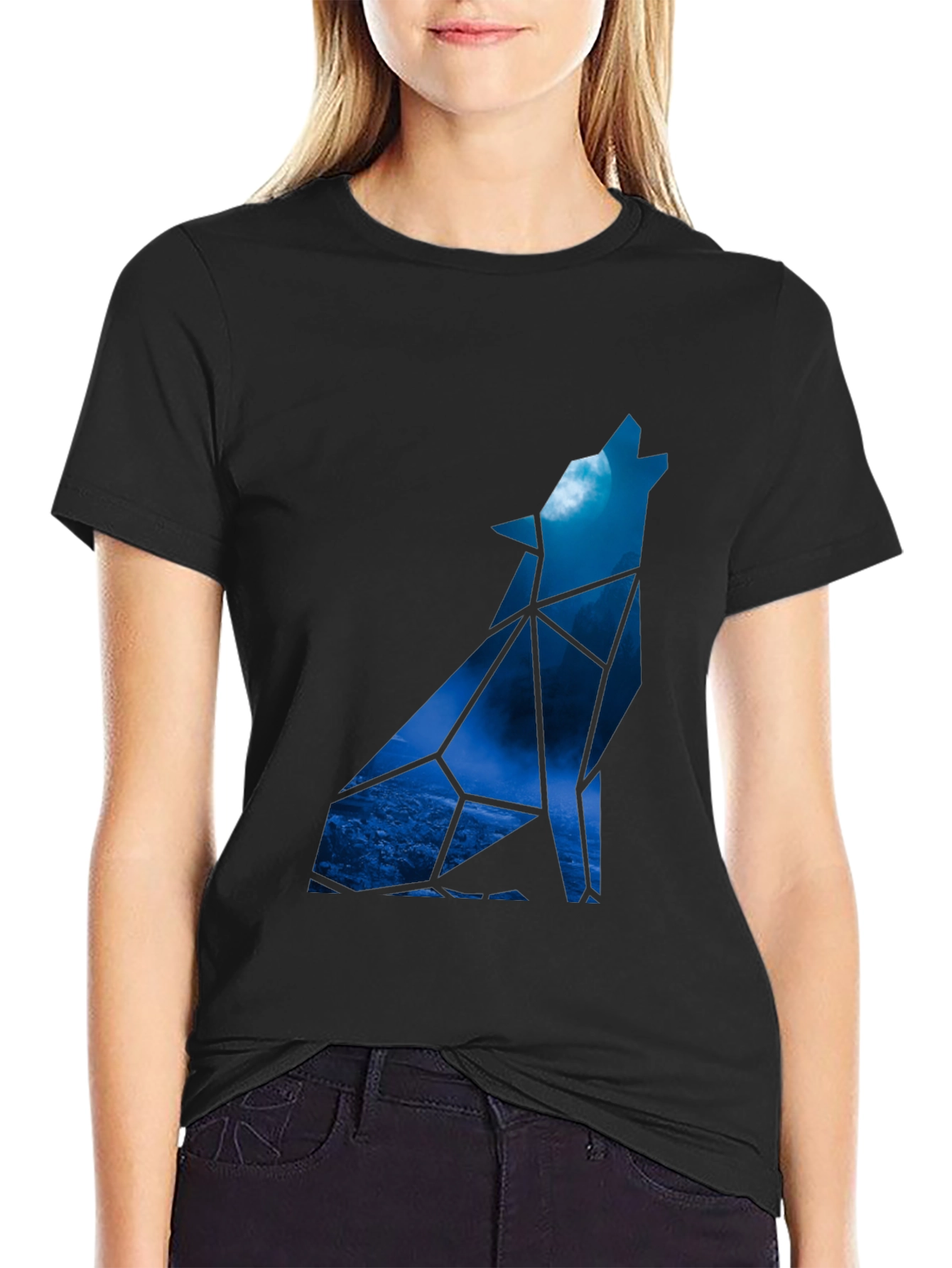 Geometric Wolf Howling at Moon Graphic Tee