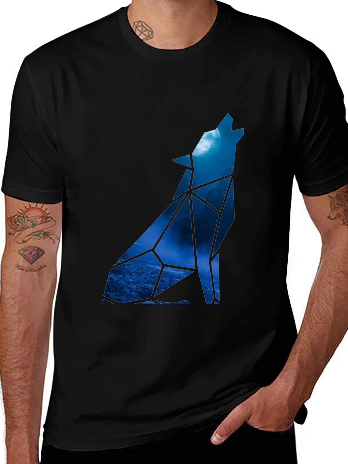 Geometric Wolf Howling at Moon Graphic Tee