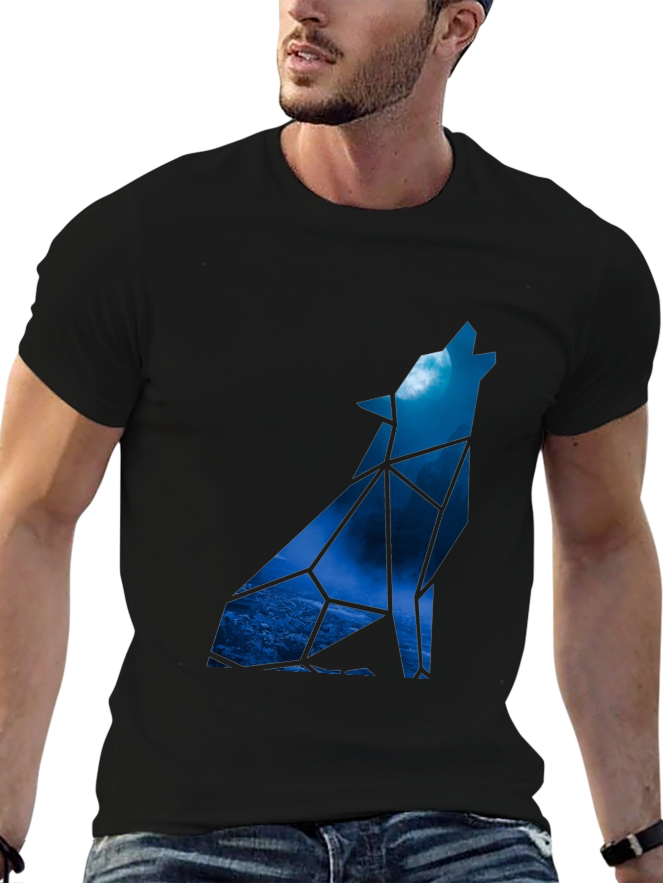 Geometric Wolf Howling at Moon Graphic Tee