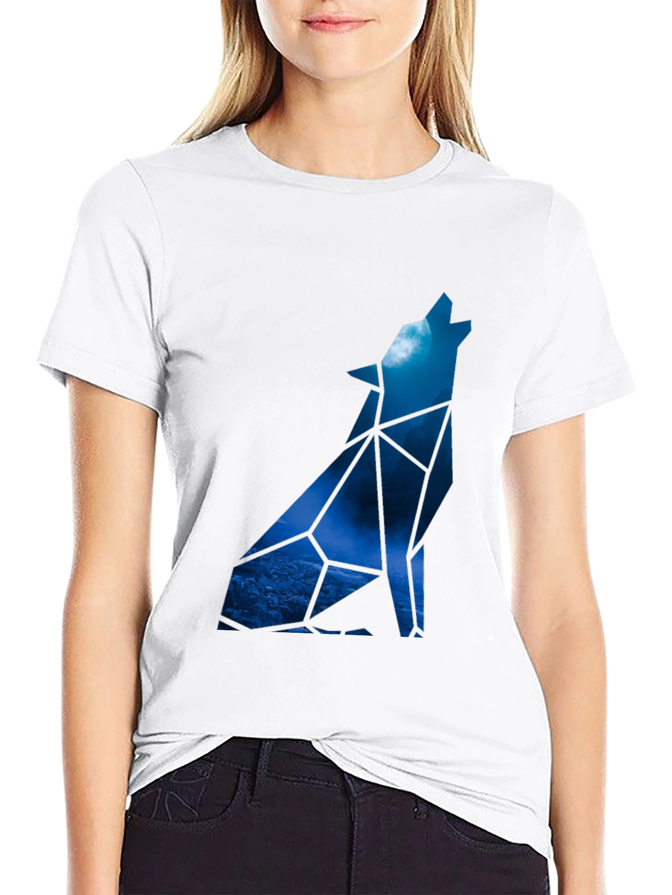 Geometric Wolf Howling at Moon Graphic Tee
