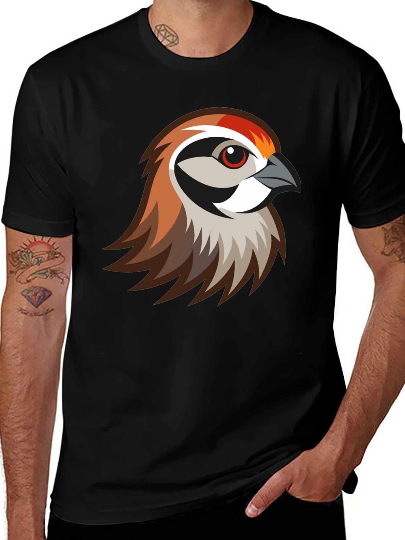 Stylish Bird Graphic Print Black T-Shirt