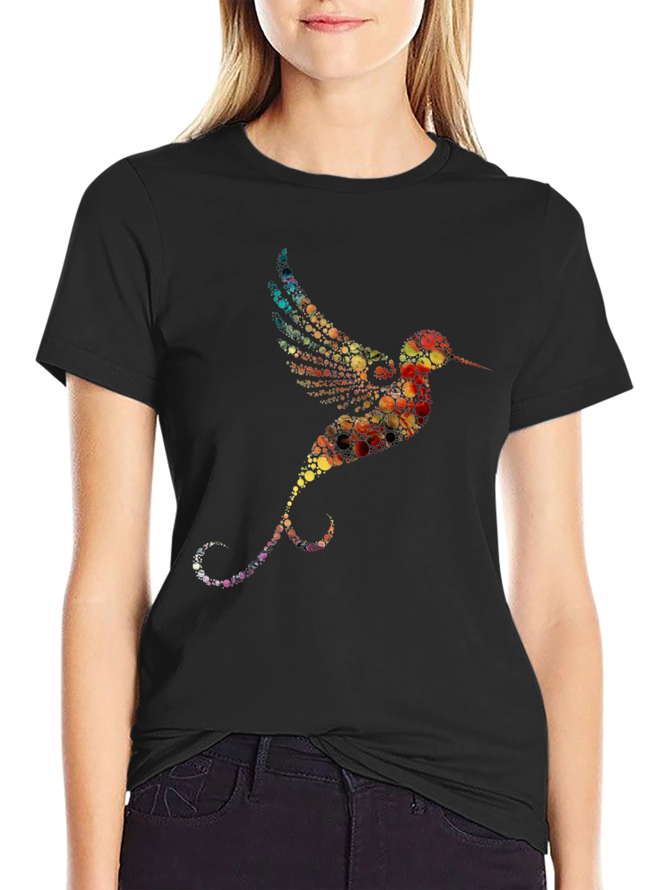 Hummingbird Print Black Crew Neck T-Shirt