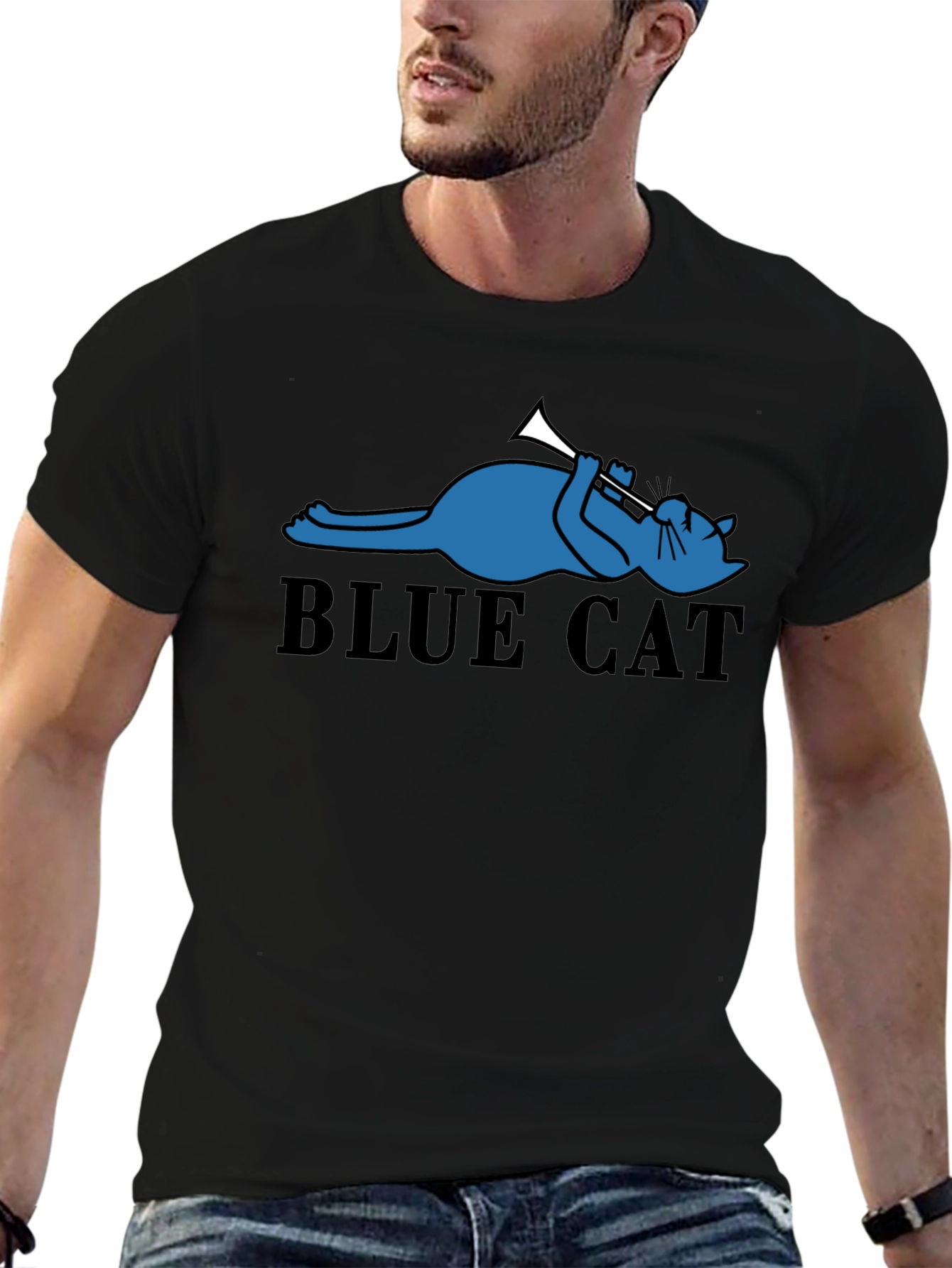 Cool Blue Cat Trumpet Player Graphic Tee - Black