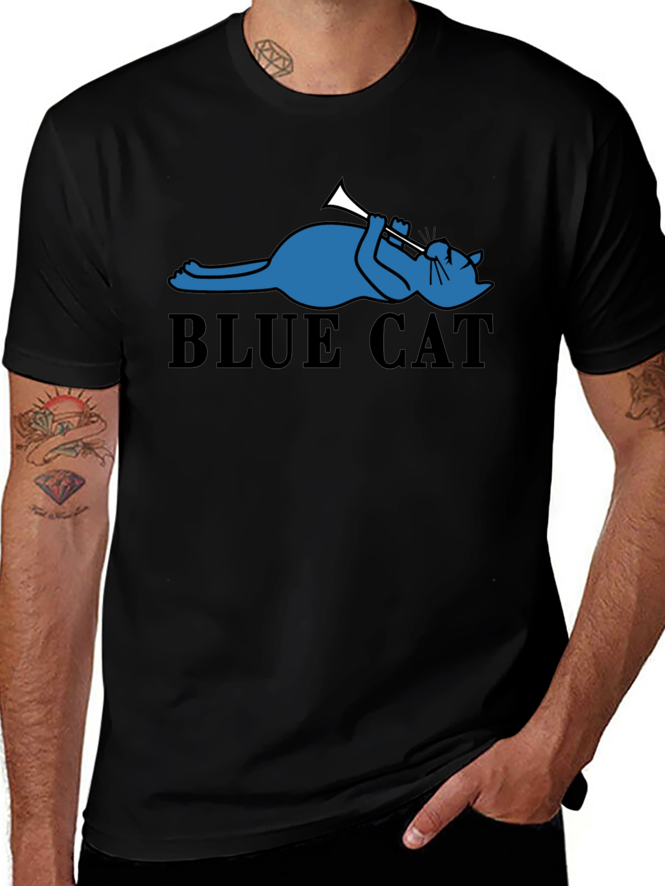 Cool Blue Cat Trumpet Player Graphic Tee - Black