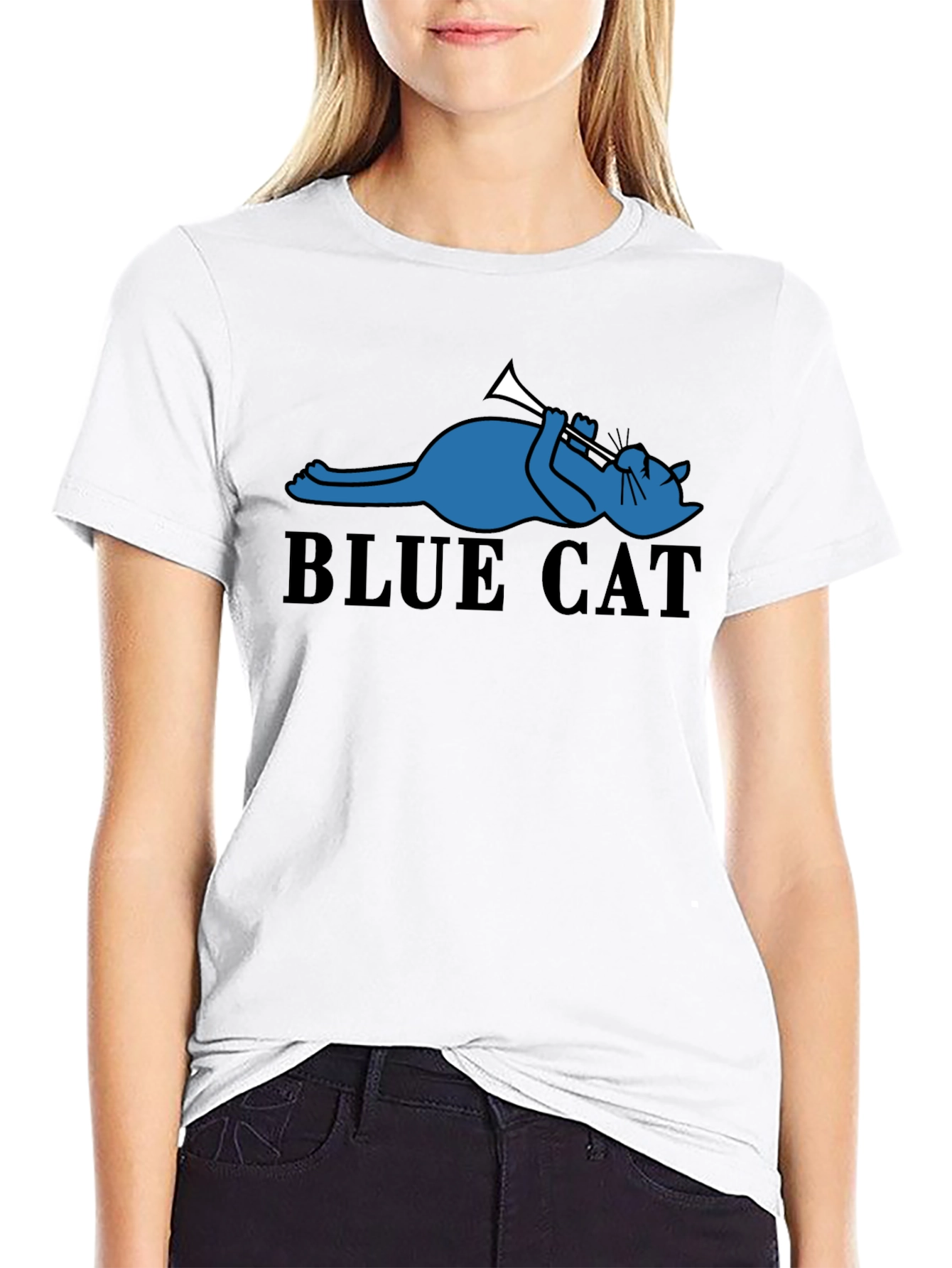 Cool Blue Cat Trumpet Player Graphic Tee - Black