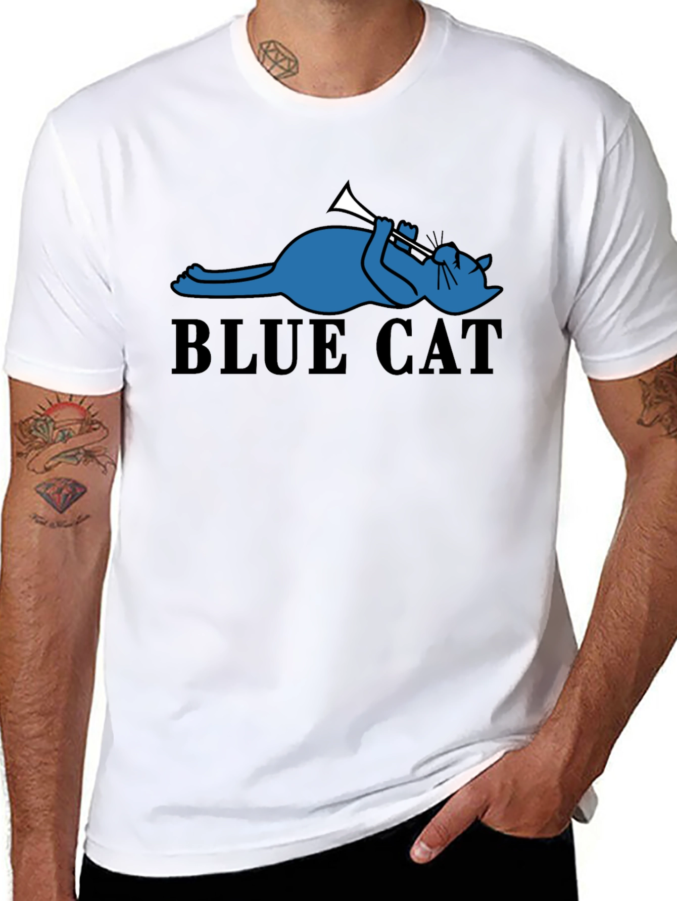 Cool Blue Cat Trumpet Player Graphic Tee - Black