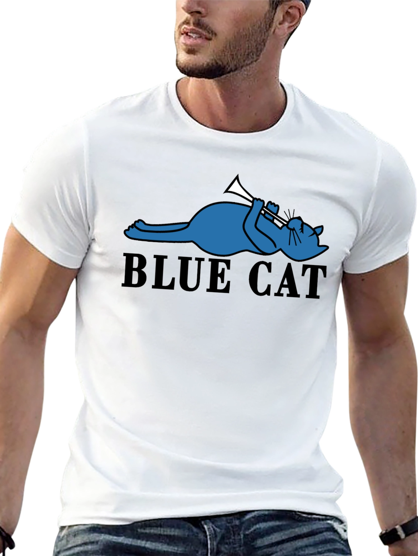 Cool Blue Cat Trumpet Player Graphic Tee - Black