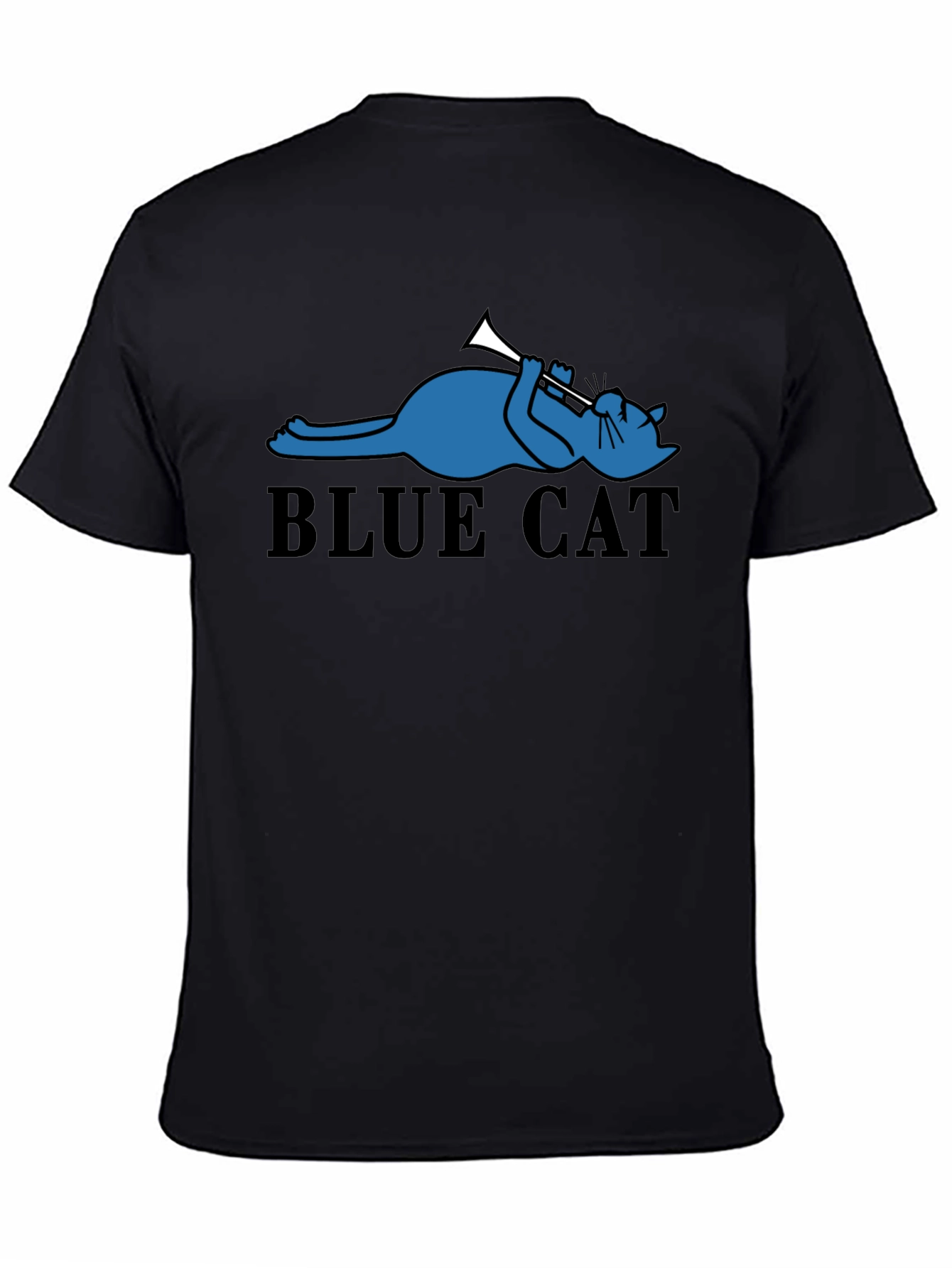 Cool Blue Cat Trumpet Player Graphic Tee - Black