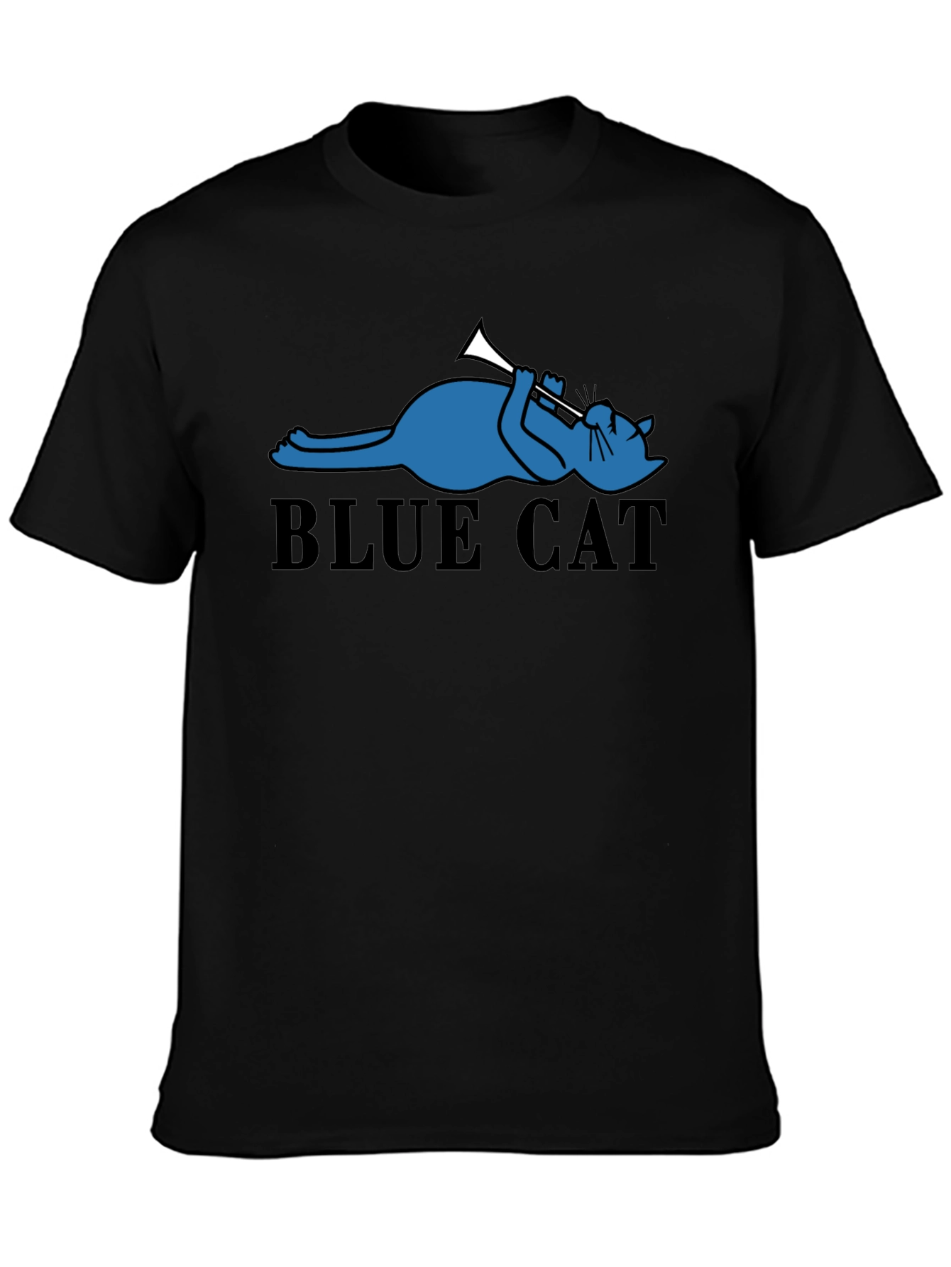 Cool Blue Cat Trumpet Player Graphic Tee - Black