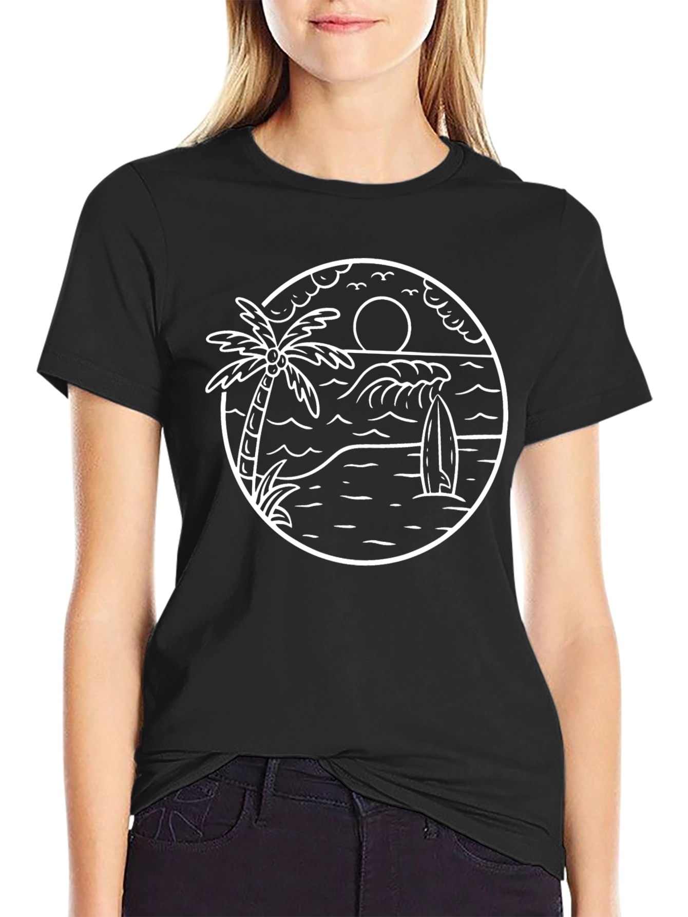 Surfing Beach Graphic T-Shirt - Black