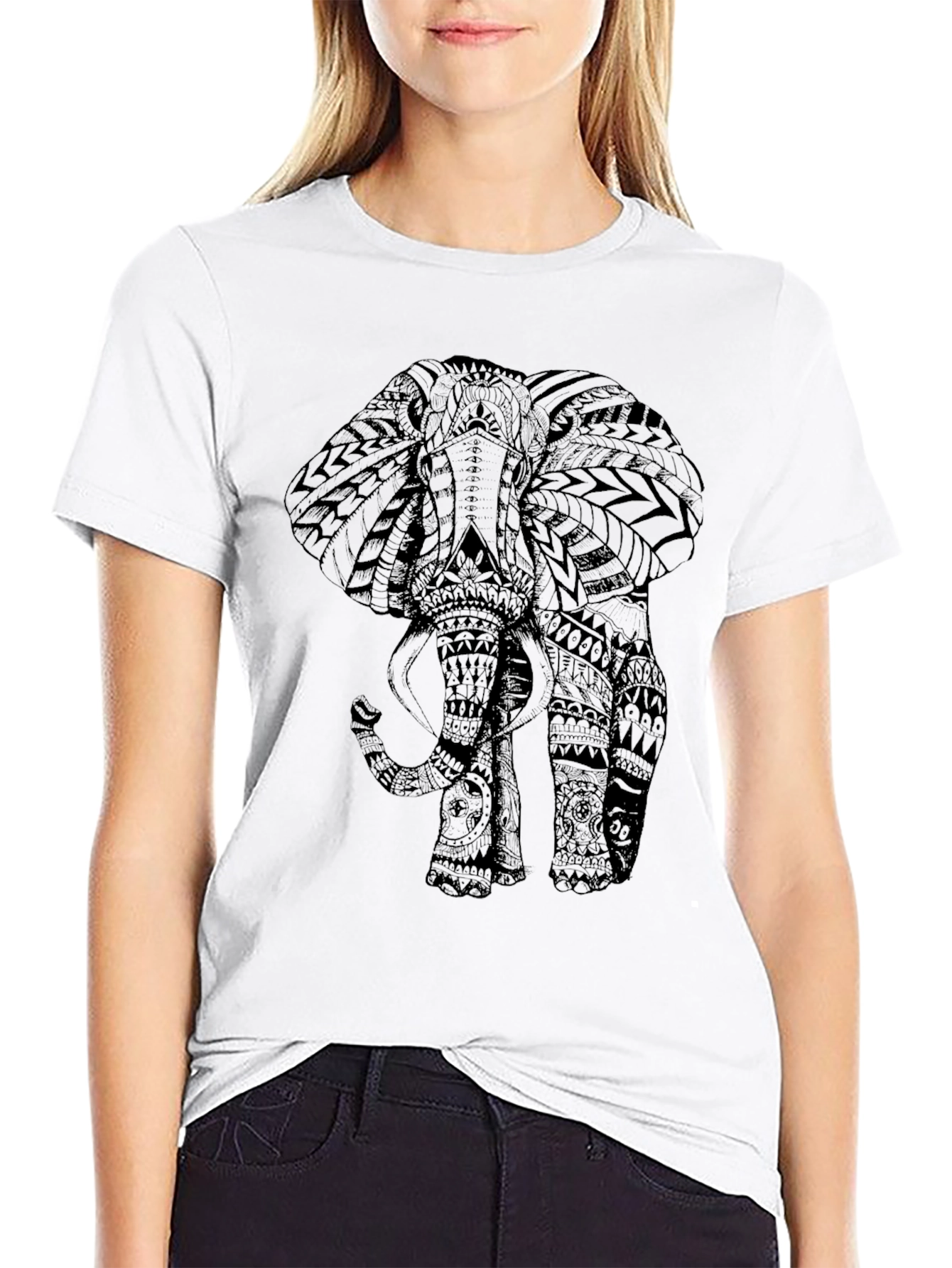 Tribal Elephant Print Black Tee Shirt