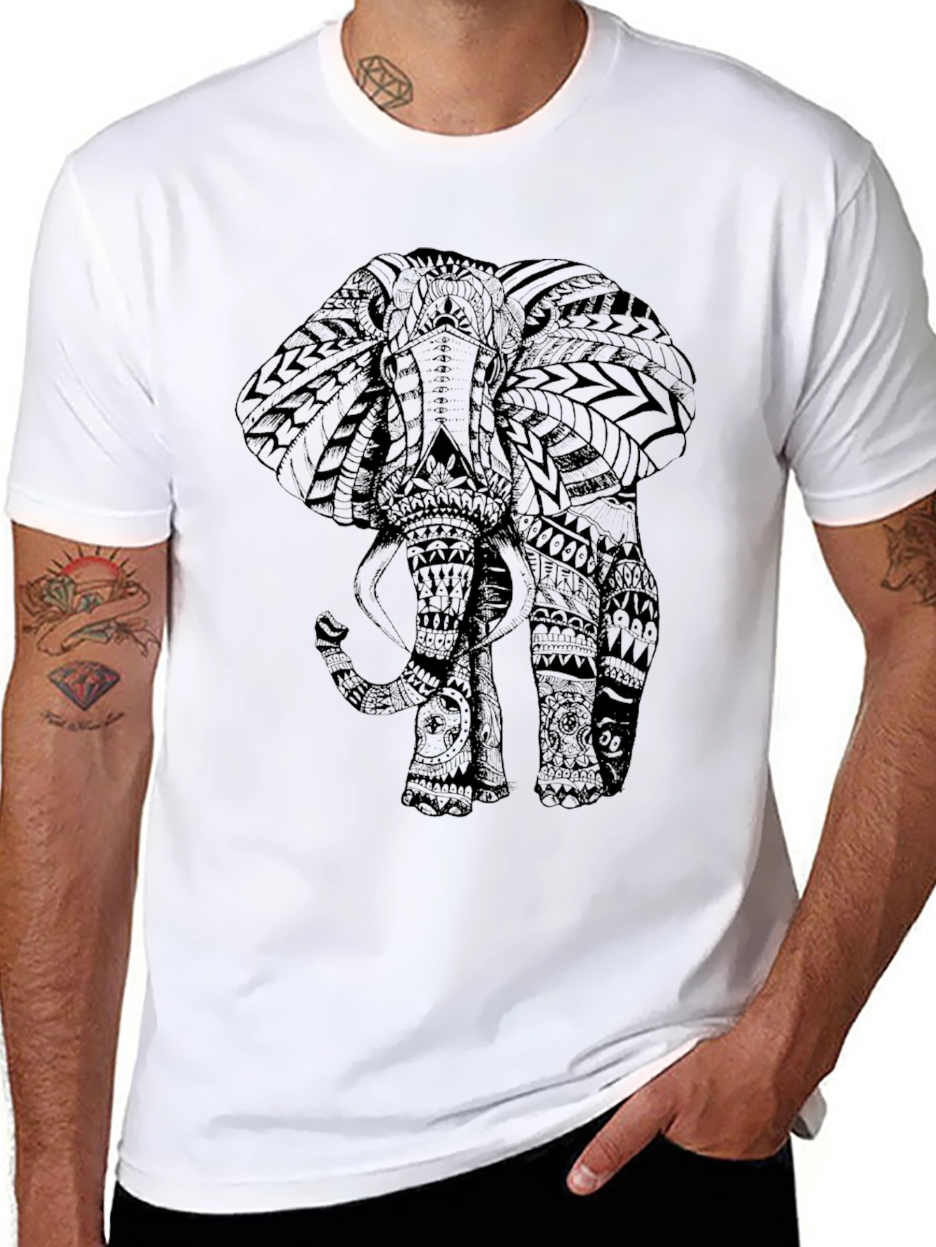 Tribal Elephant Print Black Tee Shirt
