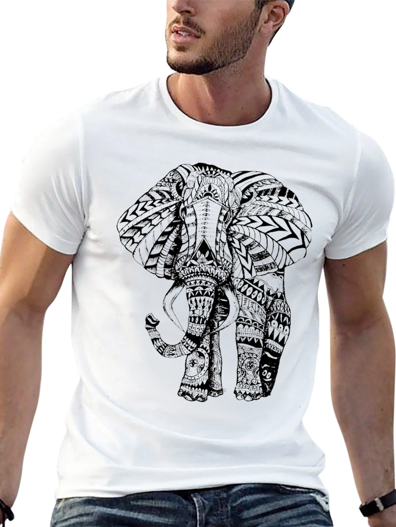 Tribal Elephant Print Black Tee Shirt