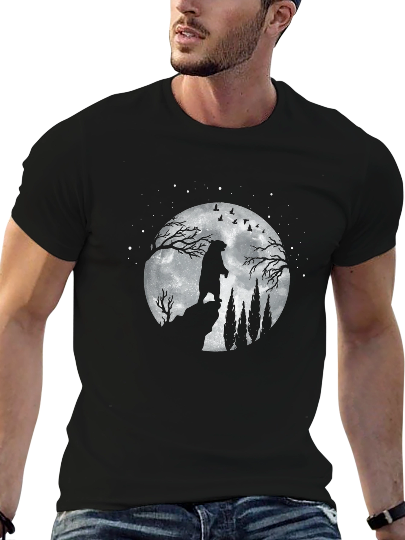 Bear Moon Silhouette Black T-Shirt