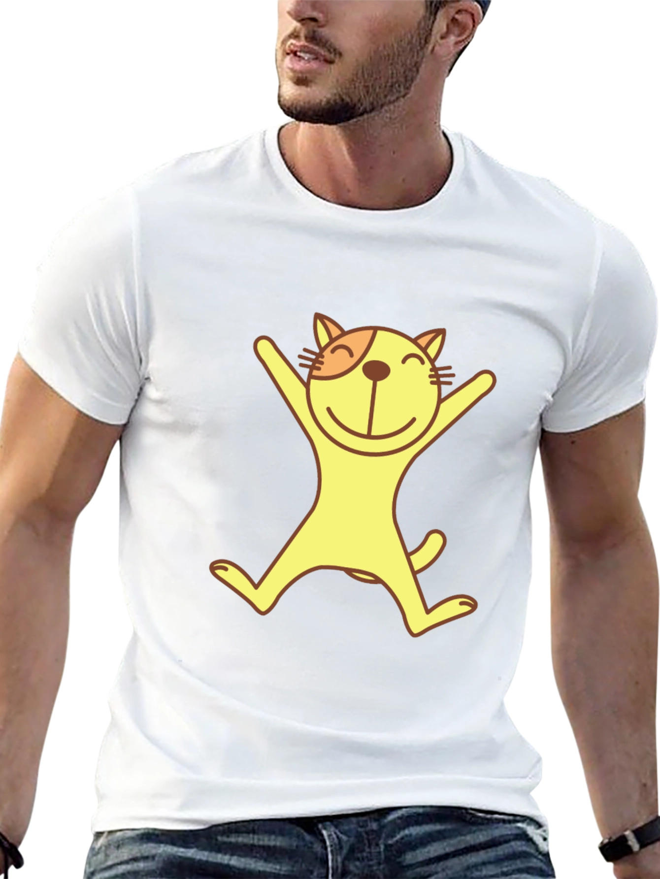 Happy Cat Graphic Tee - Black Cotton T-Shirt