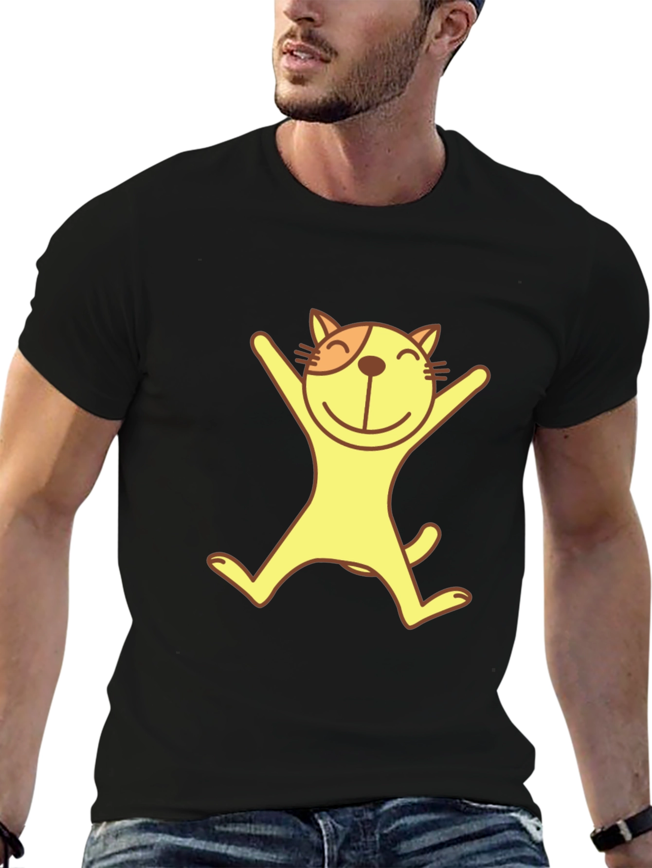 Happy Cat Graphic Tee - Black Cotton T-Shirt