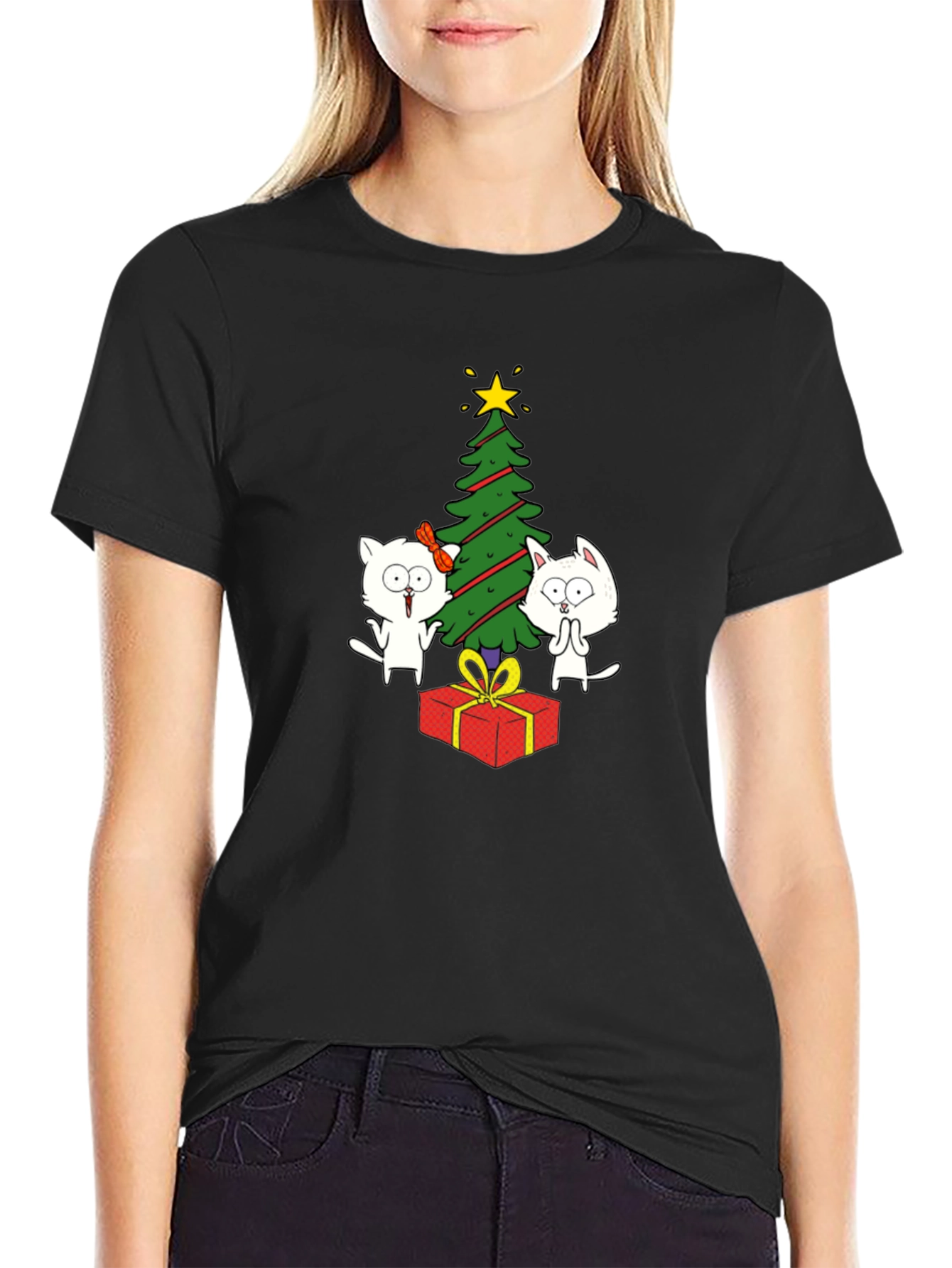 Festive Cat Christmas Tree Graphic Tee