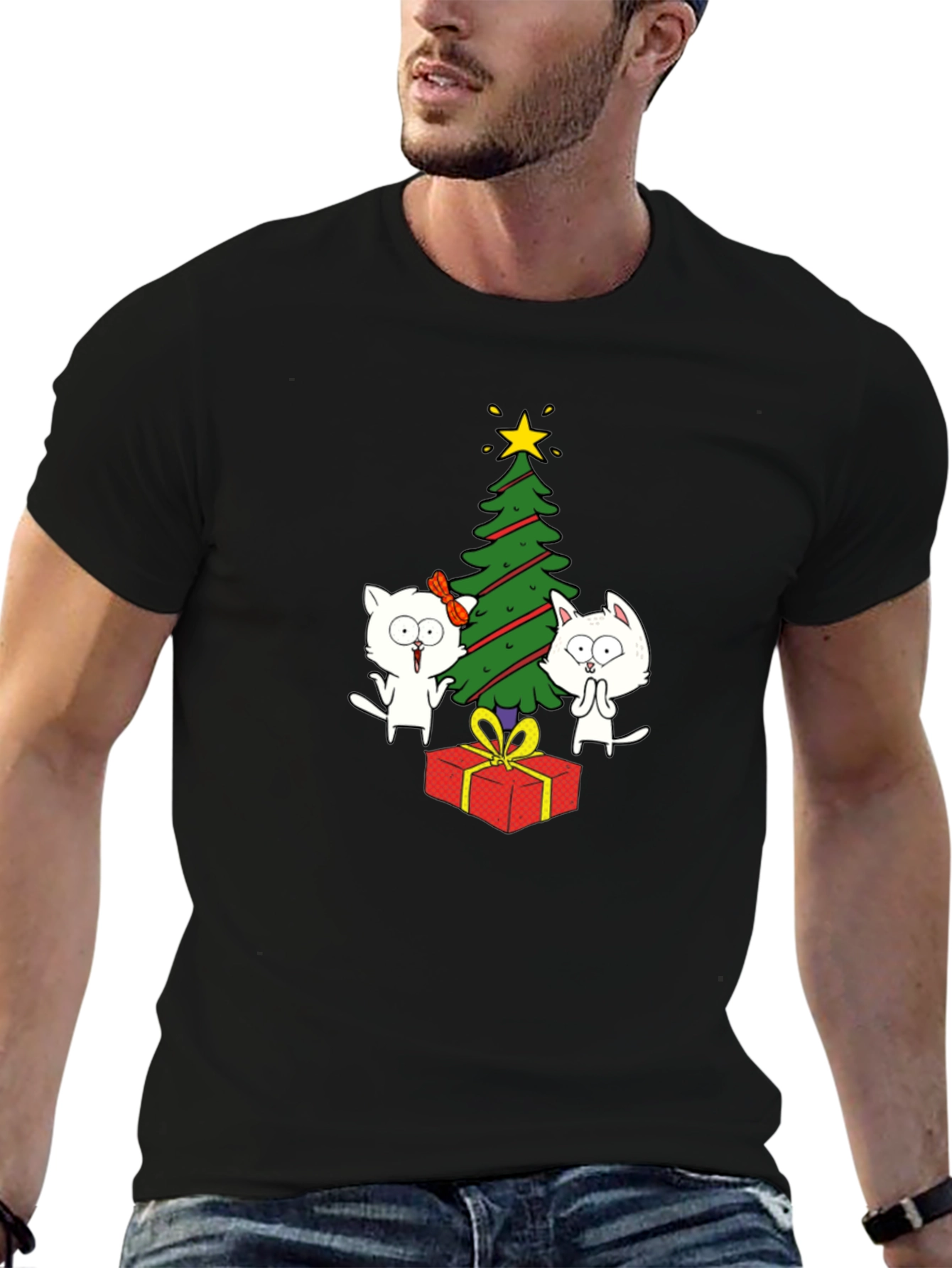 Festive Cat Christmas Tree Graphic Tee