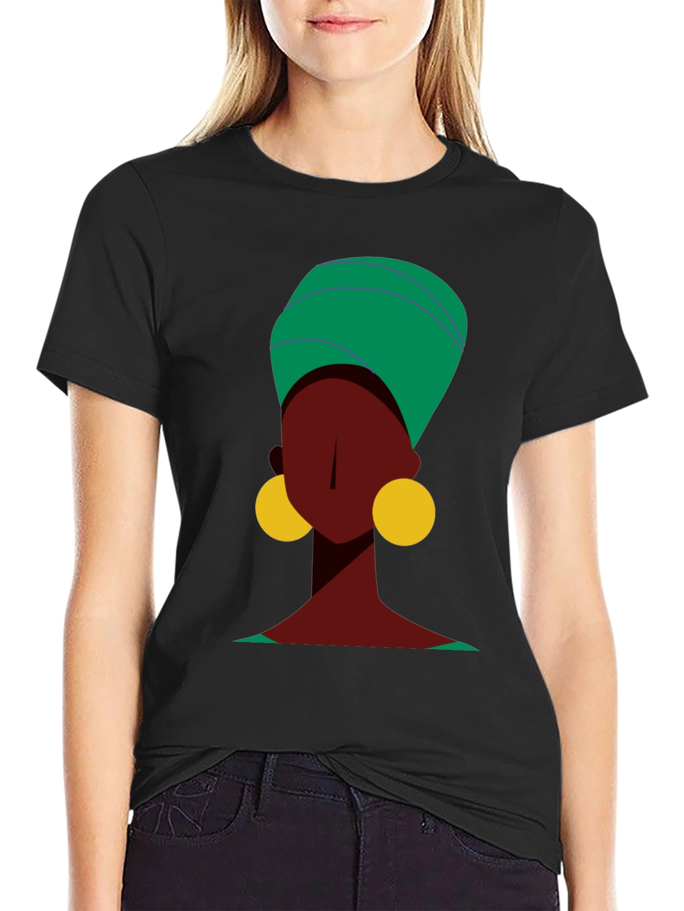 Stylish Black Tee with Abstract Woman Design
