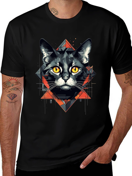 Geometric Cat Graphic Tee - Stylish Black T-Shirt