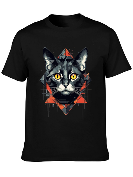 Geometric Cat Graphic Tee - Stylish Black T-Shirt