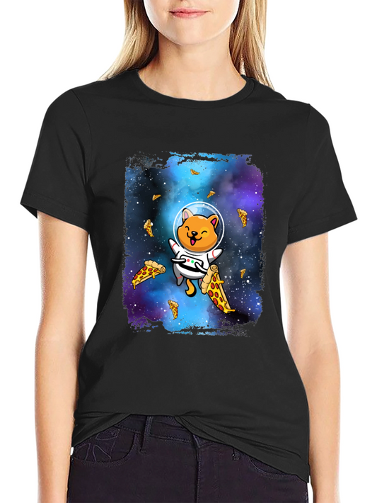 Astronaut Cat Pizza Galaxy T-Shirt
