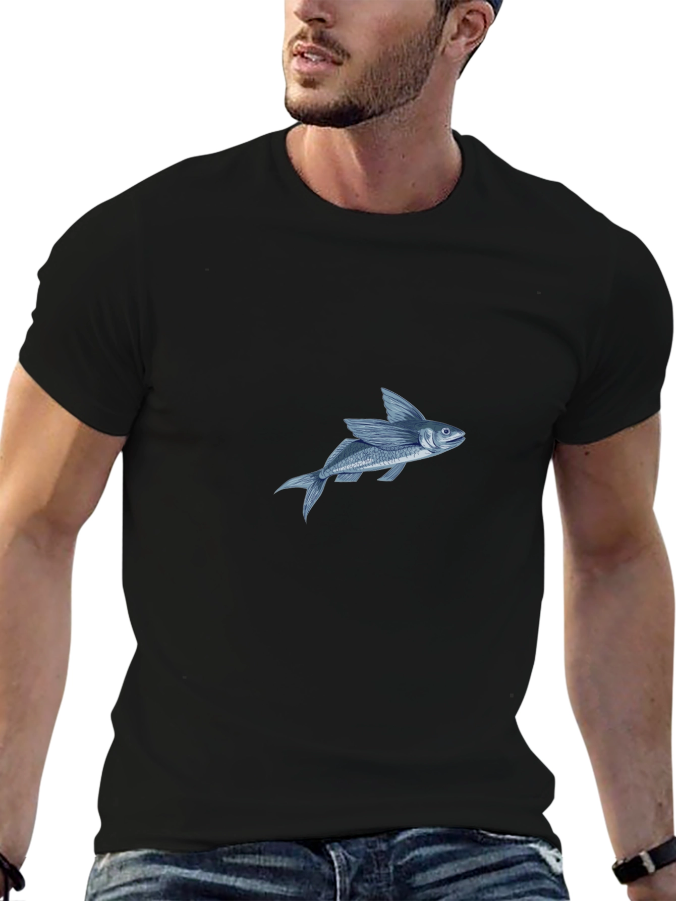 Black T-Shirt with Flying Fish Graphic